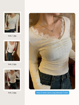 Ivory V-neck Lace Long-sleeved T-shirt