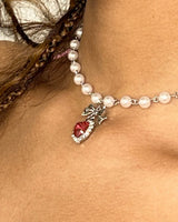 [ジェニーパーク Necklace] ローズピンクハートアンドリボン パールチョーカーネックレス