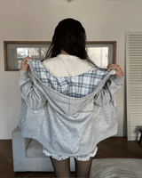 エンジェルレースポイント配色チェックフード長袖ジップアップ (Gray)