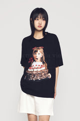 24FW チョコレートケーキガールレタリングベビーフェイス半袖Tシャツ ブラック
