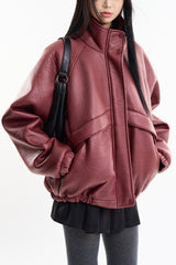 Puff raglan texture leather jumper