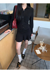 ブラックカラーシャーリングAラインフレアドレス