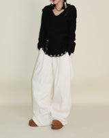 ラバーVネックダメージカットポイント長袖ニット (wool material)