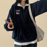 American Flag Coloring Fleece Semi-Zipup Anorak Sweatshirt