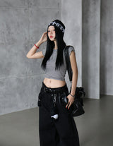 Stripe Backless Ribbon Crop Short Sleeve T-Shirt