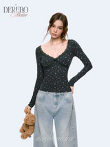 Blue Floral Deep V Long Sleeve T-shirt