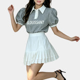 カラー レタリング プリント パフスリーブ スリムフィット Tシャツ