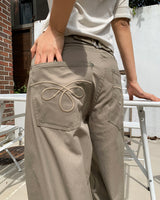 Bipu Embroidery Buckle Balloon-Fit Wide Cotton Long Pants