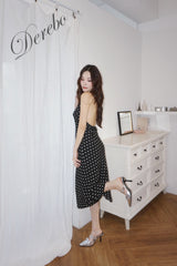 dot halter-neck sleeveless V-neck long dress