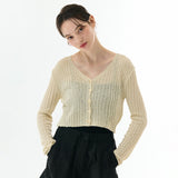 BOUCLE V-NECK RIBBED KNIT CARDIGAN BEIGE
