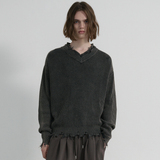 Vintage Damage V-Neck Loose Knit - CHARCOAL