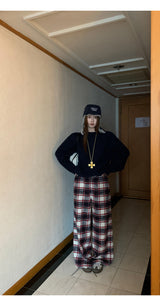 Cotton Check Casual Wide Pants