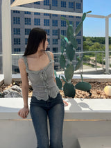 Lace frill front button ribbed sleeveless top (4 colors)