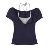 Halter Strap Layered Short Sleeve T-Shirt 231330362