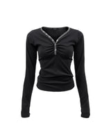 Shirring Henley Neck Long Sleeve Black