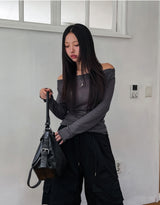 Ruffle see-through shirring drape long sleeve