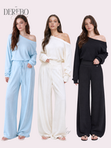 ワッフル アシンメトリカル オフショルダー スウェットパンツ セット (TOP+PANTS SET)