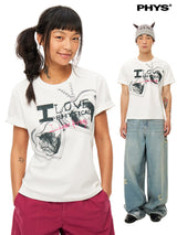 ニットキトゥンネックレスプリントショートスリーブTシャツ
