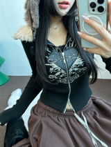 FUR🤎🧸CROPPED HALF PRINTING JUMPER ZIP UP🩶🖤2COLOR