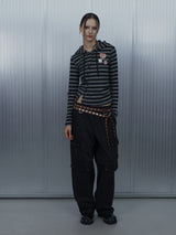 BADGE STRIPE HOODED CARDIGAN / CHARCOAL