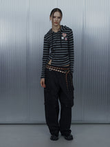BADGE STRIPE HOODED CARDIGAN / CHARCOAL