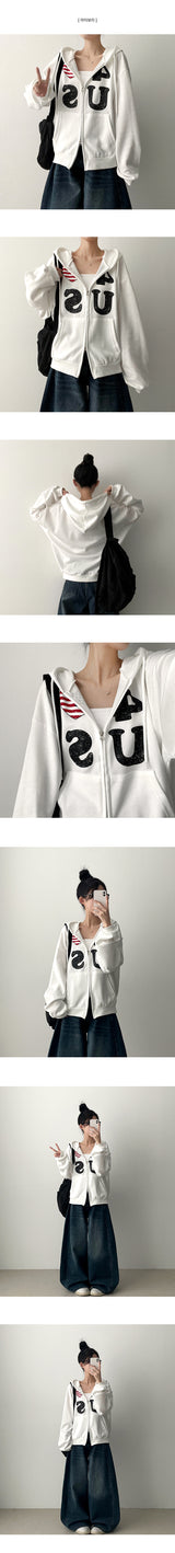 4US Heart American Flag Two-Way Hooded Zip-Up
