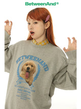 BETWEENAND Cute round-neck gray hoodie for women, casual loose fit, pair set with puppy tongue design in autumn