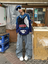 RELABEL (RE-MAKE) Double-Waist, Splashed-Ink, Washed, Distressed Ice-Blue Cargo Sweatpants