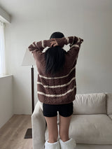[UNISEX/Overfit] Crown hachi color combination striped high neck two-way zip-up (3 colors)