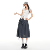 Navy Plaid Bow A-Line Midi Skirt
