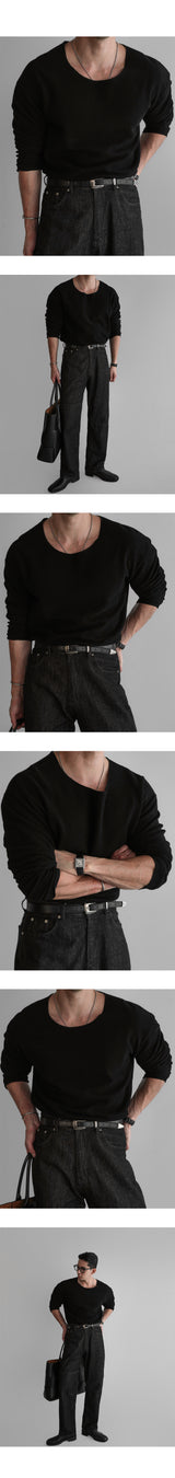 コットンボートネックニットTシャツ [Black]