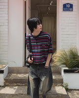 ノラストライプヘンリーネックショートスリーブニット