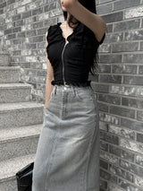 SALE! Gray washed denim back slit H-line long skirt (Gray)