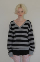 C ONE-SHOULDER STRIPED KNIT_BLACK