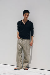 Contrast ribbed henley long Sleeve(Black)