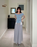 Meow Summer draping shrring Boat neck Top