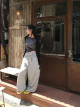 シースルー スリム オフショルダー ラグラン Tシャツ (3色)