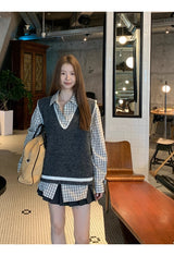 French checkered pocket loose fit long-sleeved shirt