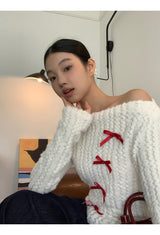 Red bow off-shoulder long-sleeved knitwear