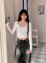 Modal Soft U-neck Crop Long Sleeve T-shirt (3color)