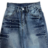 Rivet eyelet punching washed wide denim pants (Denim)