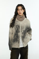 Retro wool blend inkjet printed zippered cardigan sweater