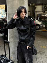 Crop Neck Leather Jacket