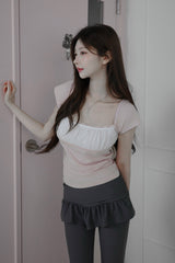 [MADE] Dual-Tone Contrast Lace Shirred Top