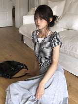 イショ フェイクレイヤード ホルター ストライプ ボタン ショートスリーブ Tシャツ