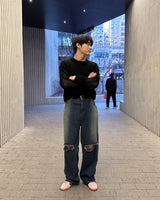 Ripper washed wide denim pants