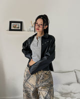 Dutch rivet semi-crop leather jacket
