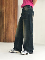 Rosen Washed Denim Long Wide Pants