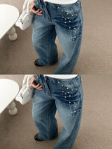 Rivet eyelet punching washed wide denim pants (Denim)