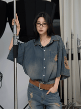 Sia damage washed denim short-sleeved shirt
